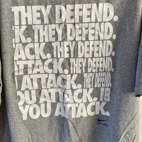 NIKE the athletic dept. grey gray graphic tee loose fit THEY DEFEND YOU ATTACK - Picture 3 of 4